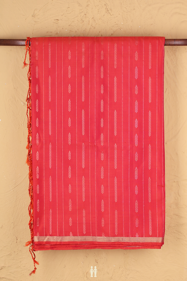 Soft Silk Saree In Coral Orange With Stripes Design