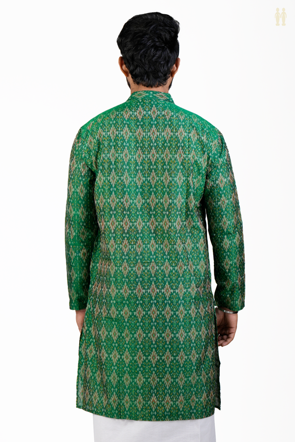 Chinese Collar Printed Design Green Silk Cotton Long Kurta