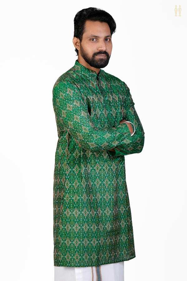 Chinese Collar Printed Design Green Silk Cotton Long Kurta