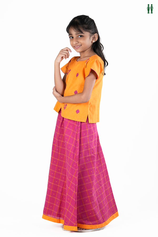 Embroidered Design Orange And Magenta Readymade Pavadai Sattai
