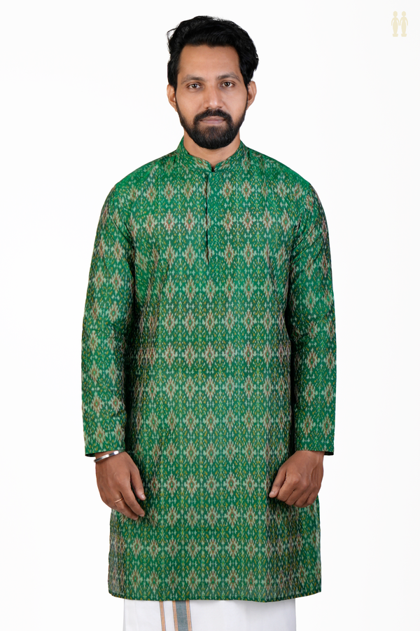 Chinese Collar Printed Design Green Silk Cotton Long Kurta
