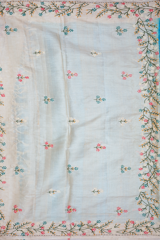 Hand Embroidered Motifs Cerulean Blue Tussar Silk Saree