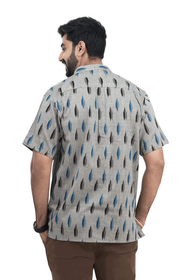Chinese Collar Ikat Design Grey Cotton Short Kurta