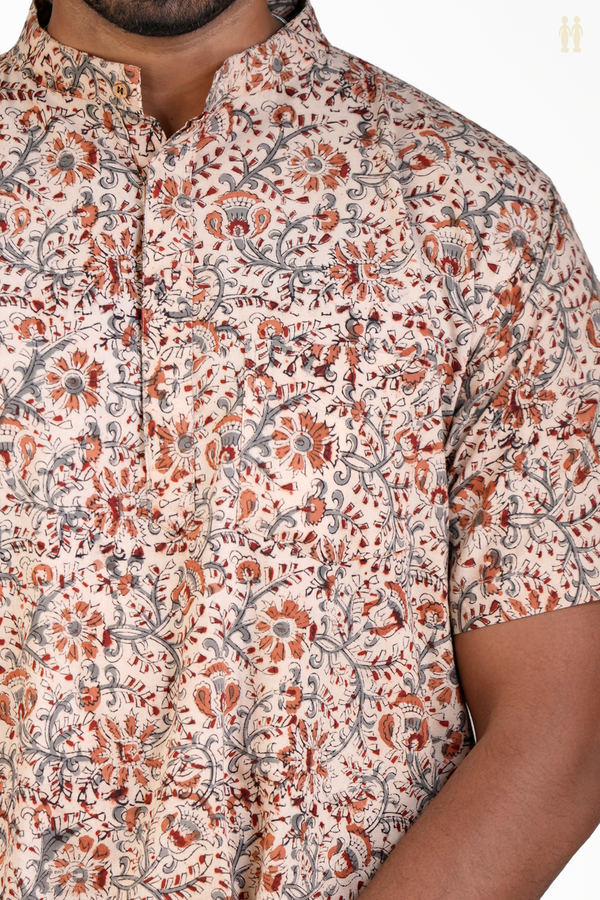 Chinese Collar Printed Design Ivory Cotton Short Kurta