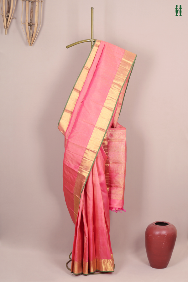 Kanchipuram Silk Saree In Pink With Stripes Design