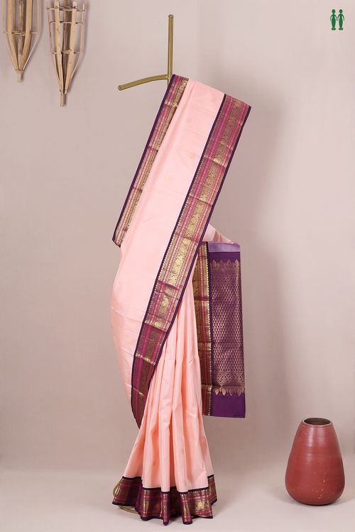 Kanchipuram Silk Saree In Pink With Peacock Buttas