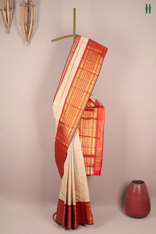 Kanchipuram Silk Saree In Beige With Checks Design