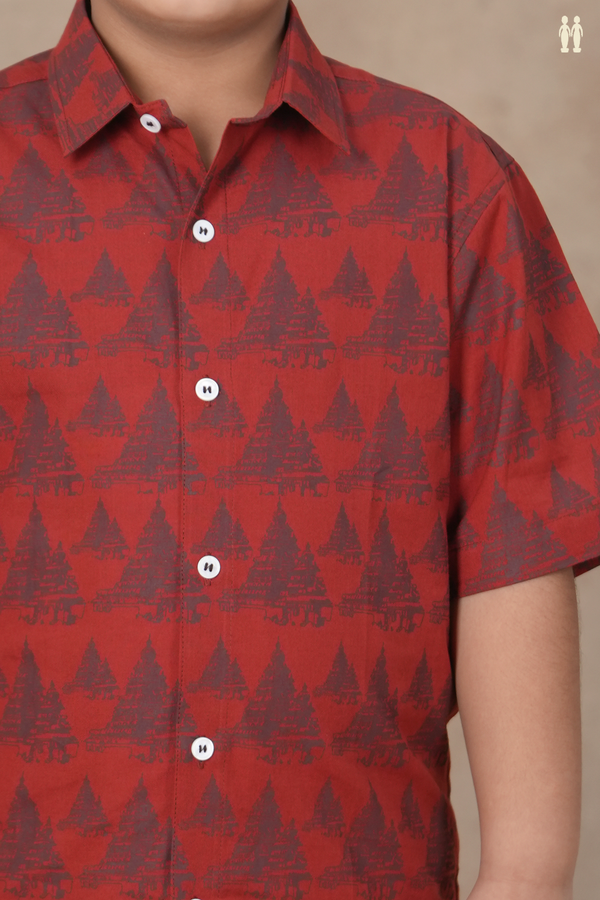 Regular Collar Temple Design Red Cotton Shirt