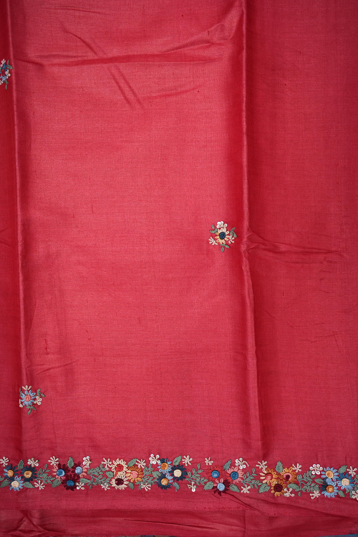 Floral Embroidered Motifs Soft Red Tussar Silk Saree