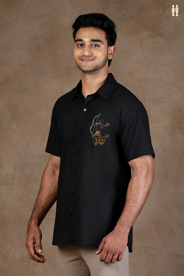 Regular Collar Embroidered Design Black Cotton Shirt