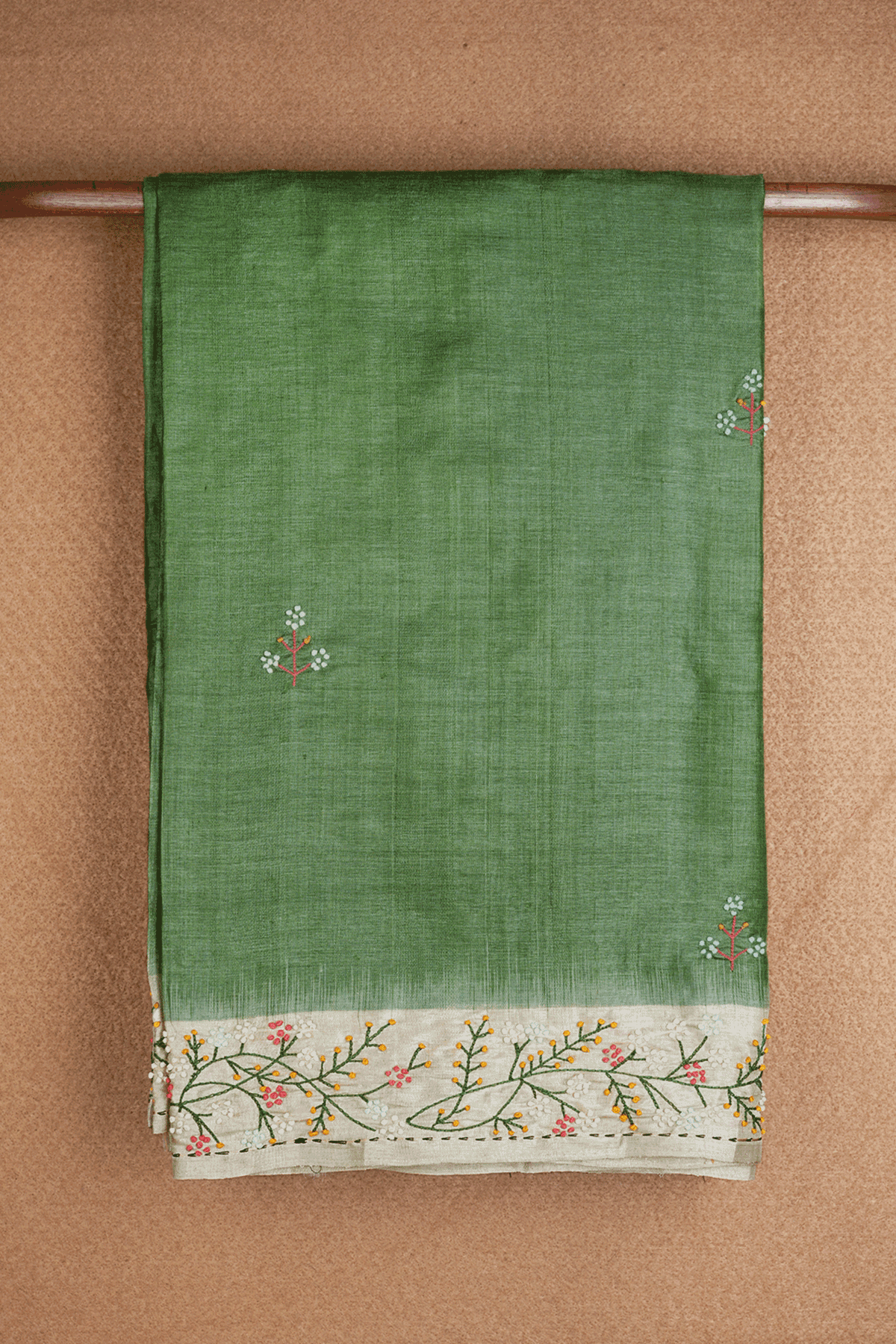 Hand Embroidery Floral Motifs Fern Green Tussar Silk Saree