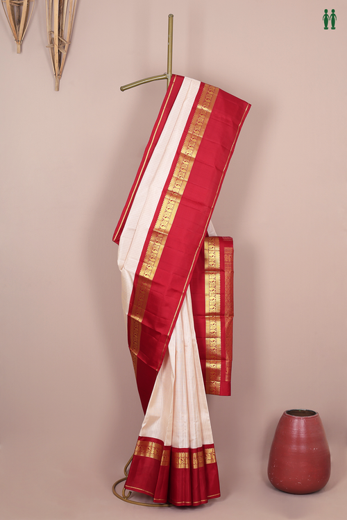 Kanchipuram Silk Saree In White With Checks Design