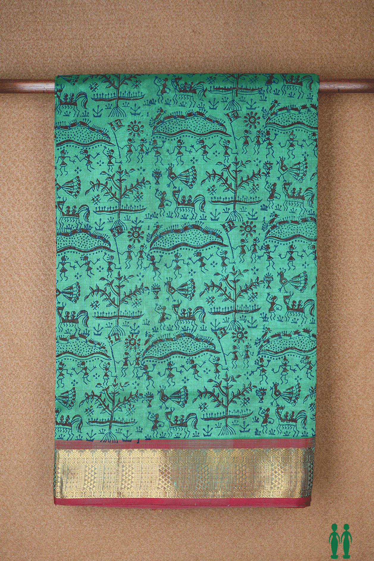 Warli Printed Design Jade Green Traditional Silk Cotton Saree