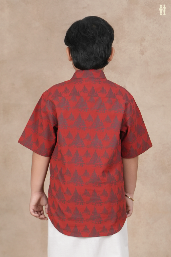 Regular Collar Temple Design Red Cotton Shirt