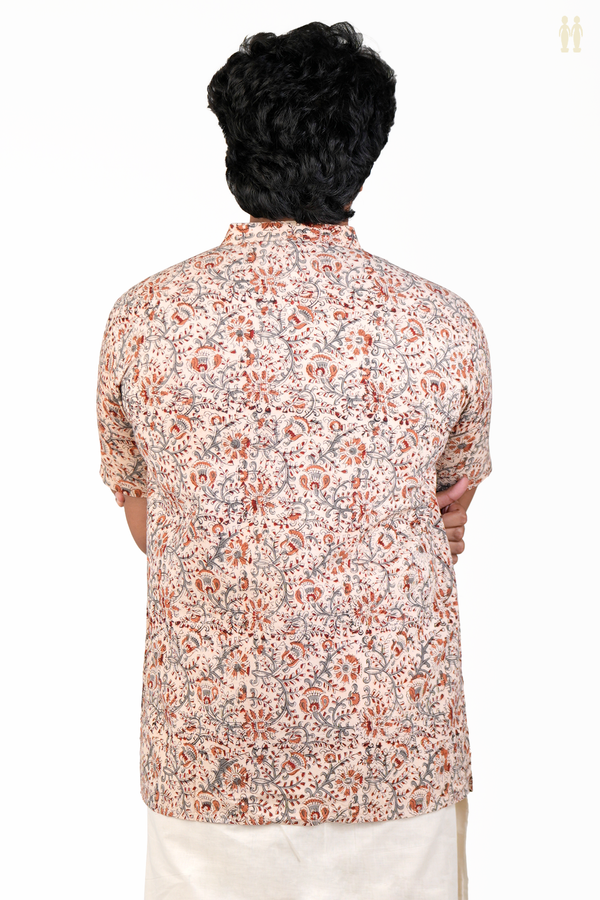 Chinese Collar Printed Design Ivory Cotton Short Kurta