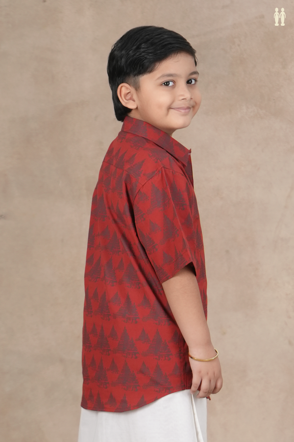Regular Collar Temple Design Red Cotton Shirt