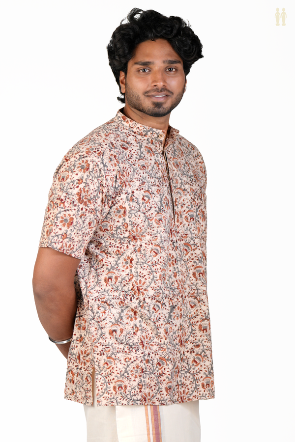 Chinese Collar Printed Design Ivory Cotton Short Kurta