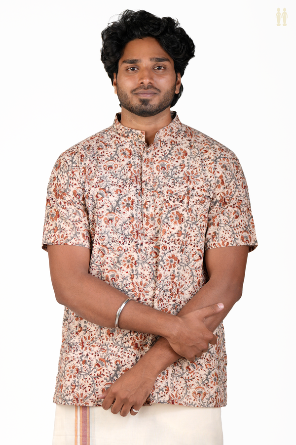 Chinese Collar Printed Design Ivory Cotton Short Kurta
