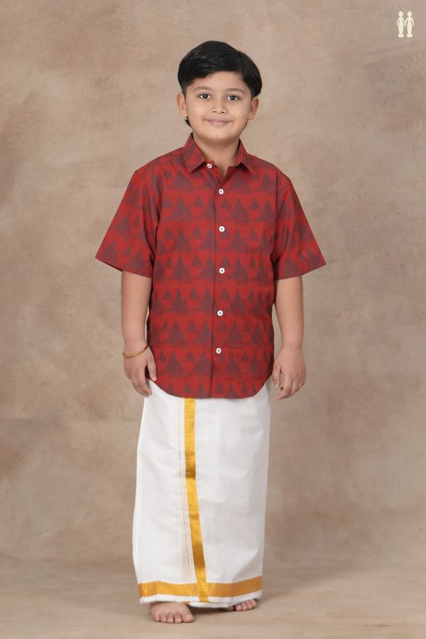 Regular Collar Temple Design Red Cotton Shirt