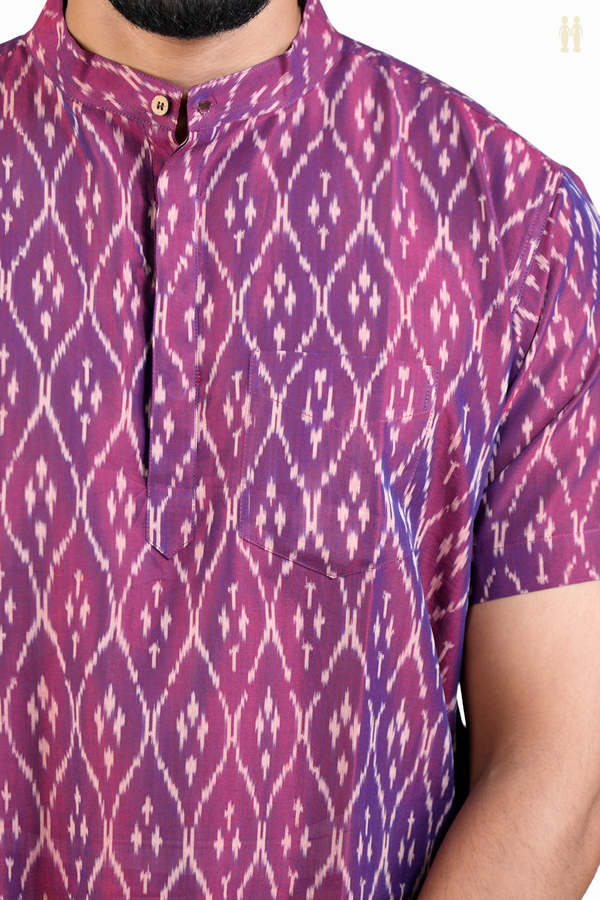 Chinese Collar Printed Design Purple Ikat Cotton Short Kurta