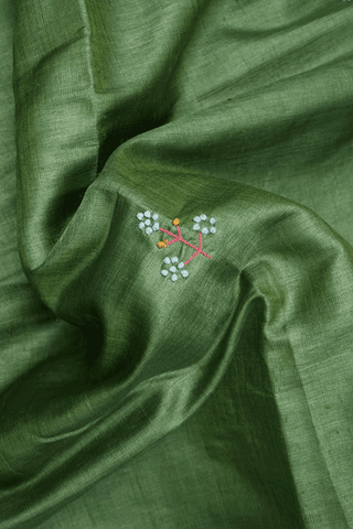 Hand Embroidery Floral Motifs Fern Green Tussar Silk Saree