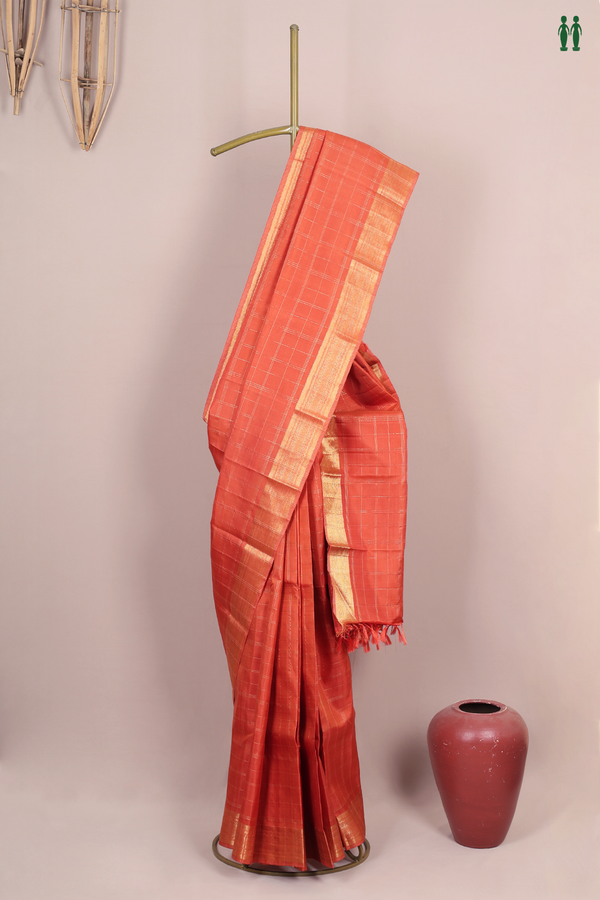 Kanchipuram Silk Saree In Burnt Orange With Checks Design