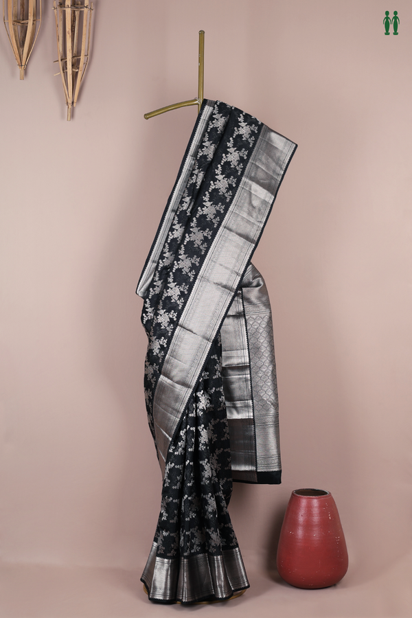 Kanchipuram Silk Saree In Black With Floral Design