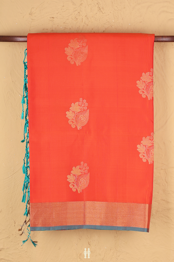 Soft Silk Saree In Bright Orange With Floral Motifs