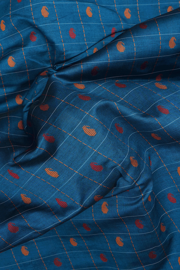 Checks With Buttas Teal Blue Poly Cotton Saree
