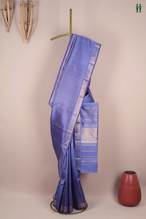 Kanchipuram Silk Saree In Blue With Stripes Design