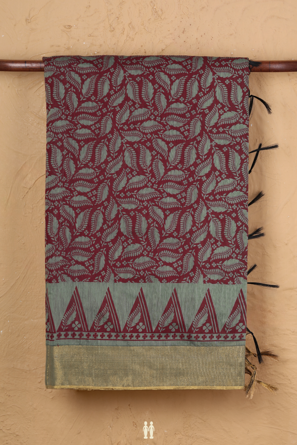 Kora Silk Cotton Saree In Red With Leaf Design