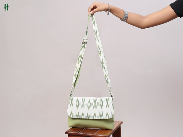 Printed Design Green And White Cotton Sling Bag
