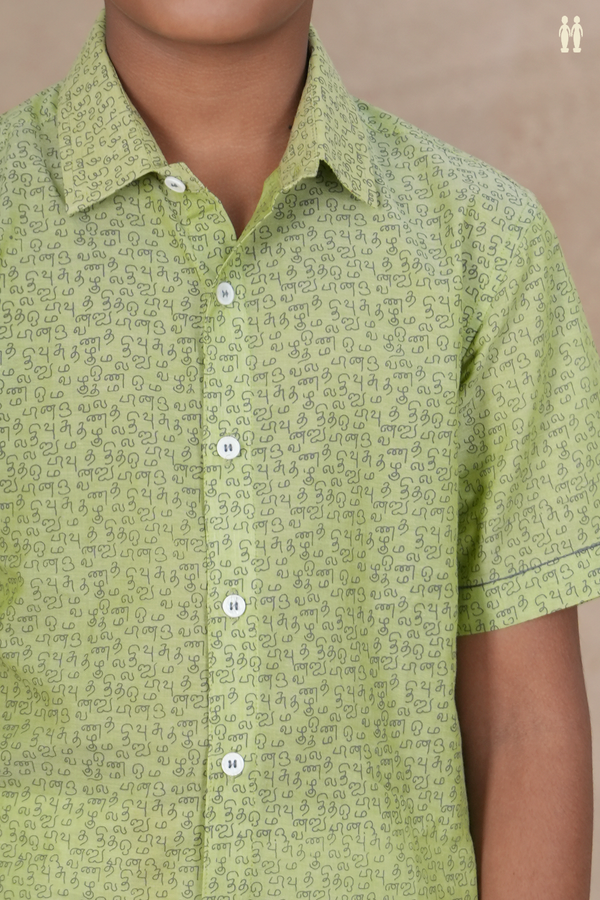 Regular Collar Tamil Letters Print Green Cotton Shirt