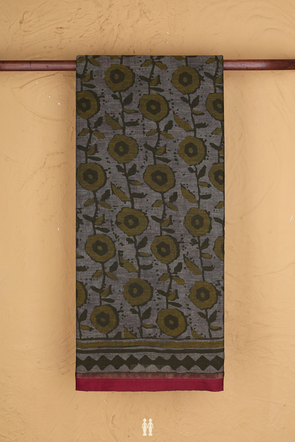 Ahmedabad Cotton Saree In Oxford Brown With Floral Design