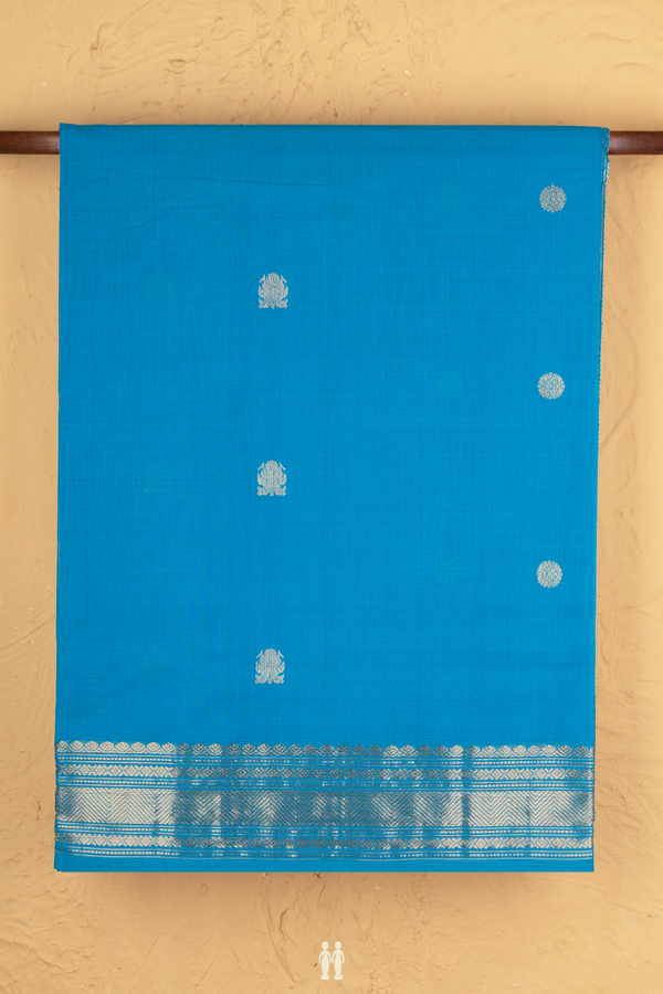 Coimbatore Cotton Saree In Peacock Blue With Zari Buttas
