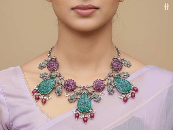 Thilagam Design With Beads Oxidized Pure Silver Necklace