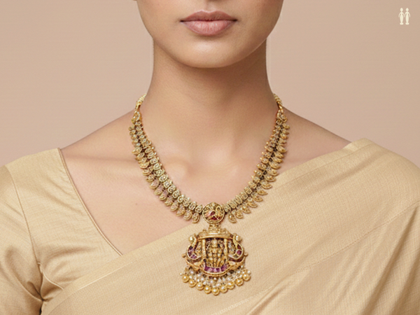Antique Design With Beads Gold Plated Pure Silver Necklace