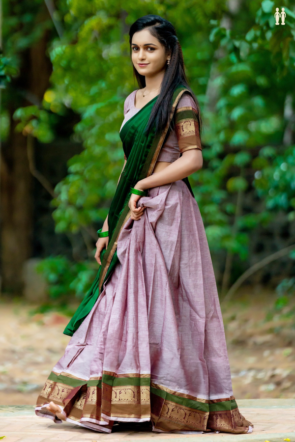 Peacock Border Grape Purple Cotton Readymade Half Saree