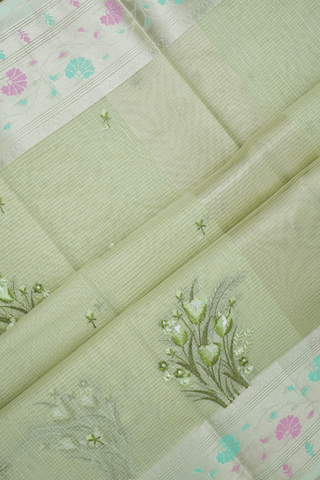 Floral Threadwork Buttas Pastel Green Kota Cotton Saree