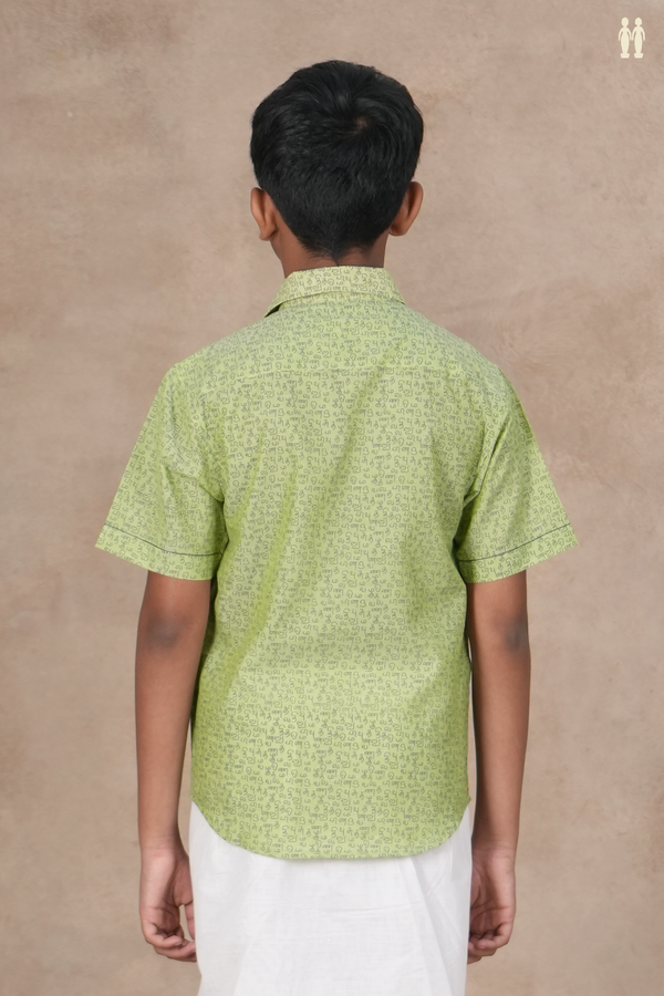 Regular Collar Tamil Letters Print Green Cotton Shirt