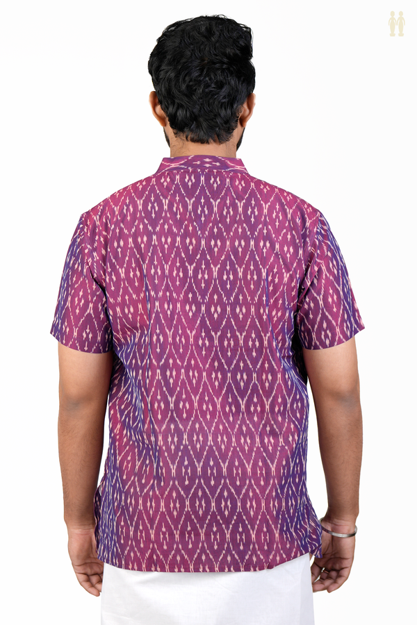 Chinese Collar Printed Design Purple Ikat Cotton Short Kurta