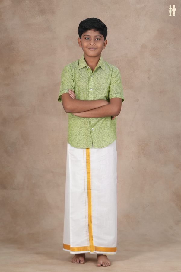 Regular Collar Tamil Letters Print Green Cotton Shirt