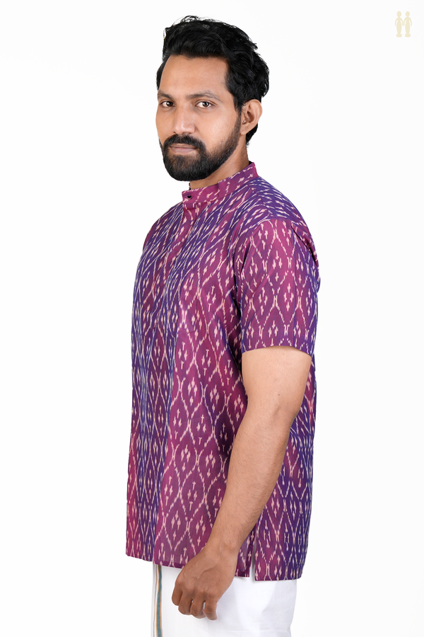 Chinese Collar Printed Design Purple Ikat Cotton Short Kurta