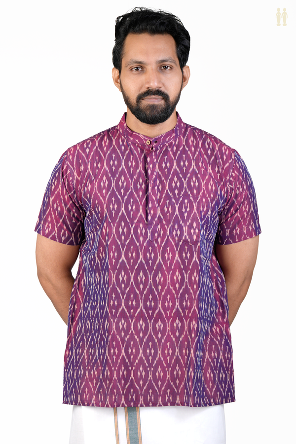 Chinese Collar Printed Design Purple Ikat Cotton Short Kurta