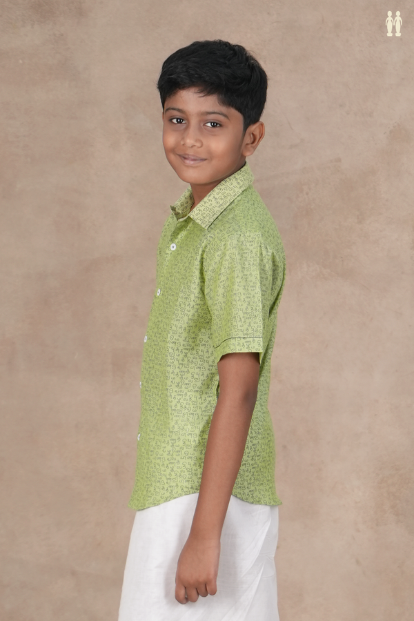 Regular Collar Tamil Letters Print Green Cotton Shirt