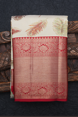 Leaf Weaving Design Beige Kanchipuram Silk Saree