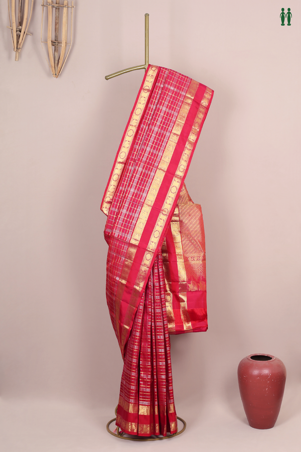 Kanchipuram Silk Saree In Hibiscus Red With Checks Design