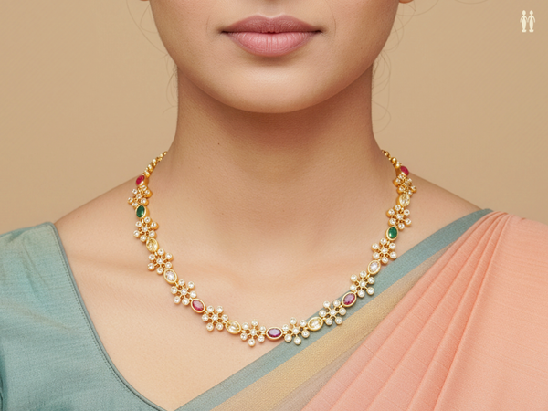 Floral Design Multi Color Stone Gold Plated Silver Necklace