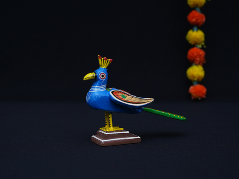 Set Of 2 Wooden Hand Painted Peacock Idol For Showpiece