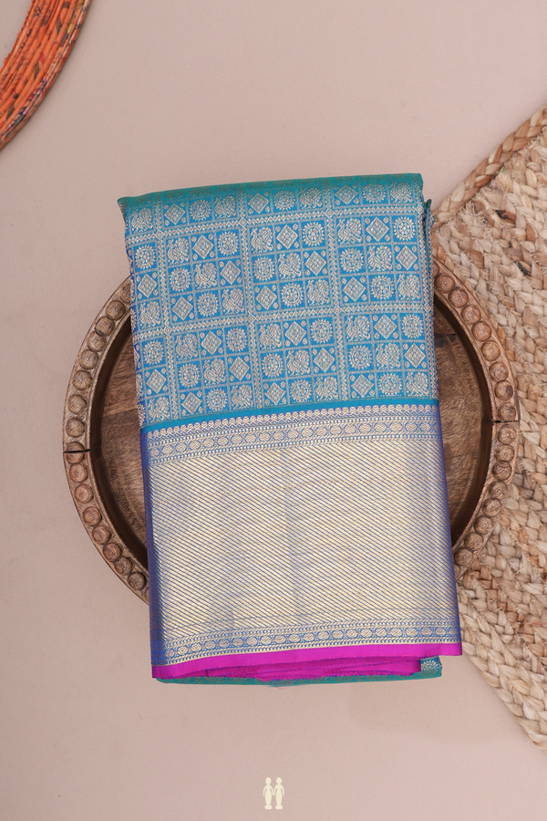 Kanchipuram Silk Saree In Peacock Blue With Brocade